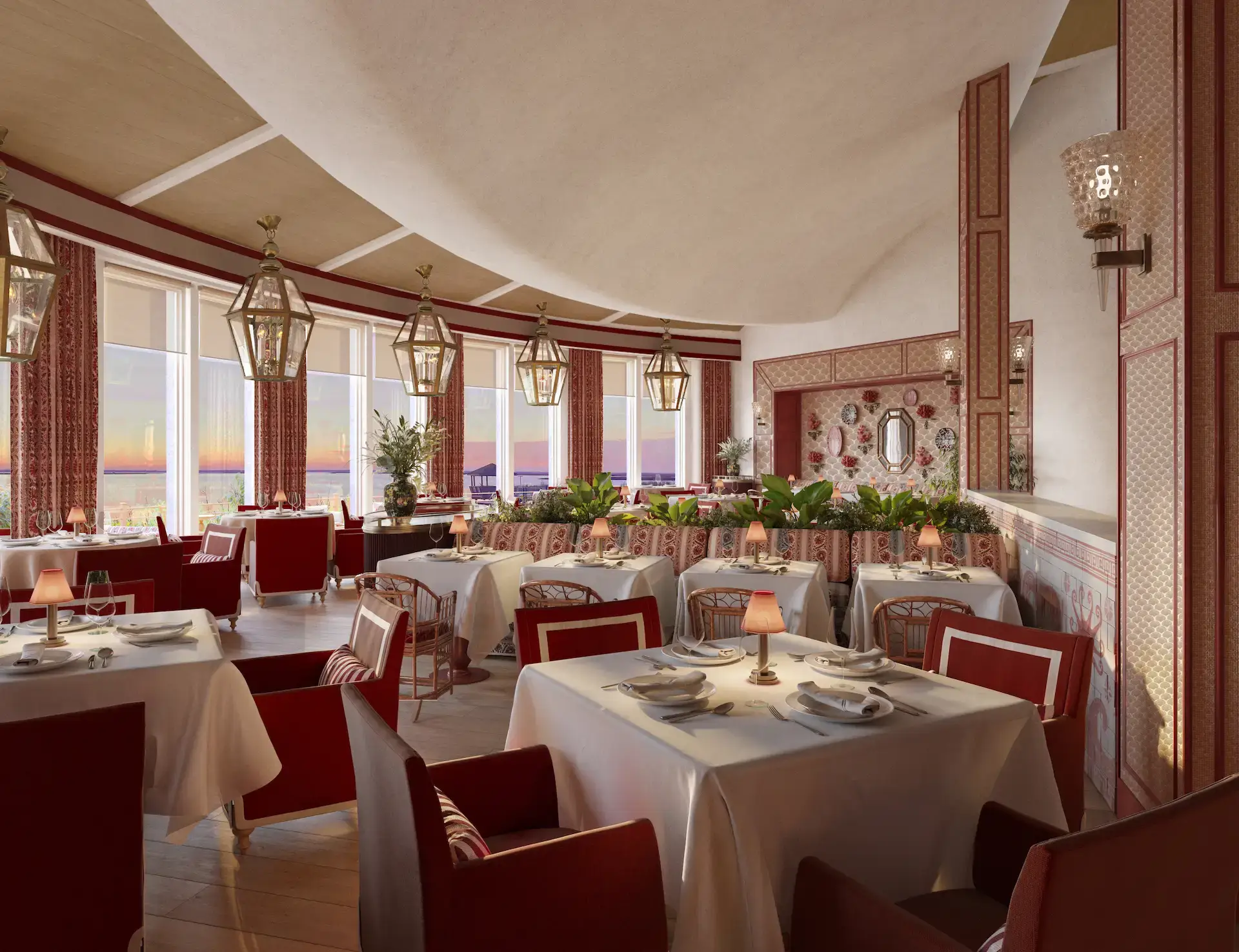 Homepage 4 Restaurant at The Sanderling Resort with warm lights over the tables, decorated in burgundy tones combining patterns with solid colors.
