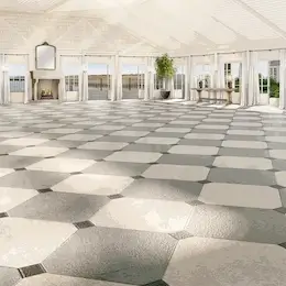Homepage 23 Spacious and bright event room with black and white tiles and green plants.