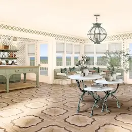 Homepage 24 Room with tables and a small bar in the back, featuring large windows with sea views.