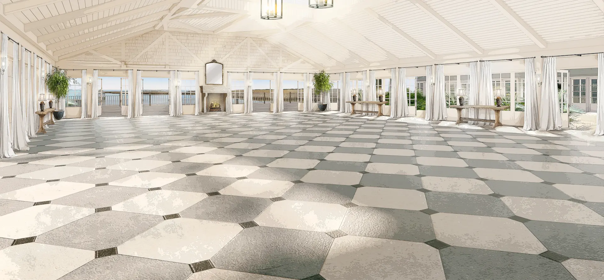 Weddings 4 Bright interior of The Great Hall & The Pier at The Sanderling Hotel, featuring elegant and spacious design